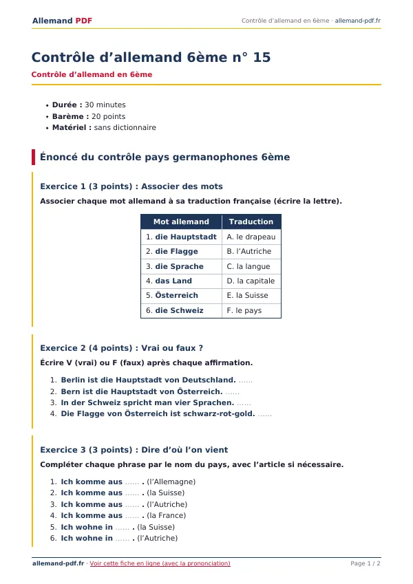 Contrôle « Contrôle d’allemand 6ème n° 15 » en PDF
