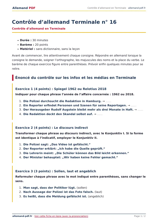 Contrôle « Contrôle d’allemand Terminale n° 16 » en PDF