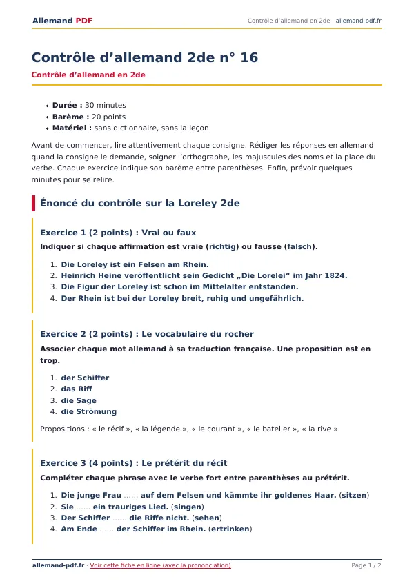 Contrôle « Contrôle d’allemand 2de n° 16 » en PDF