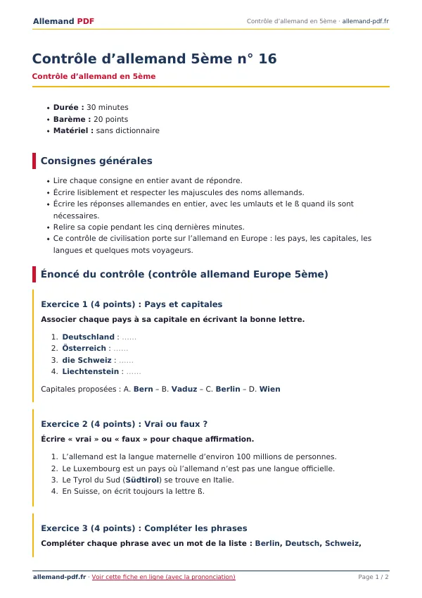 Contrôle « Contrôle d’allemand 5ème n° 16 » en PDF