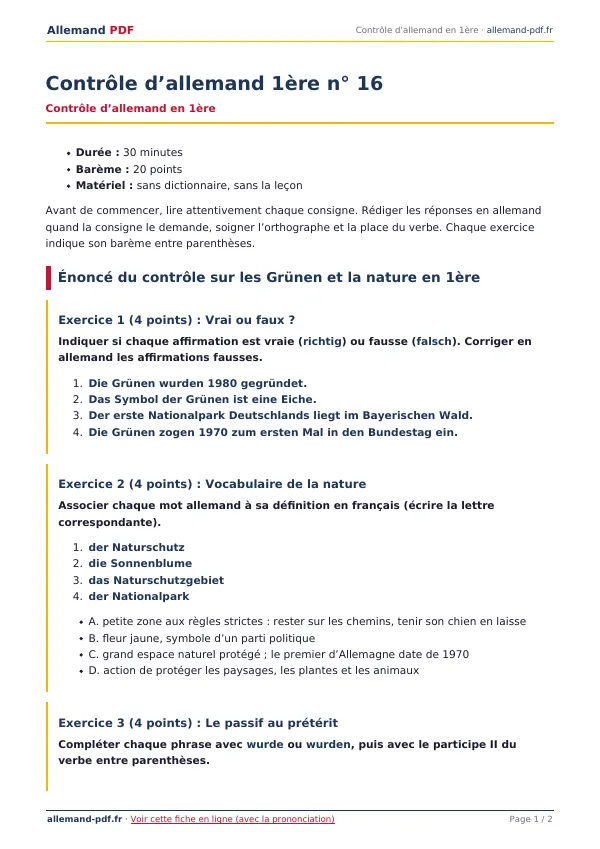 Contrôle « Contrôle d’allemand 1ère n° 16 » en PDF