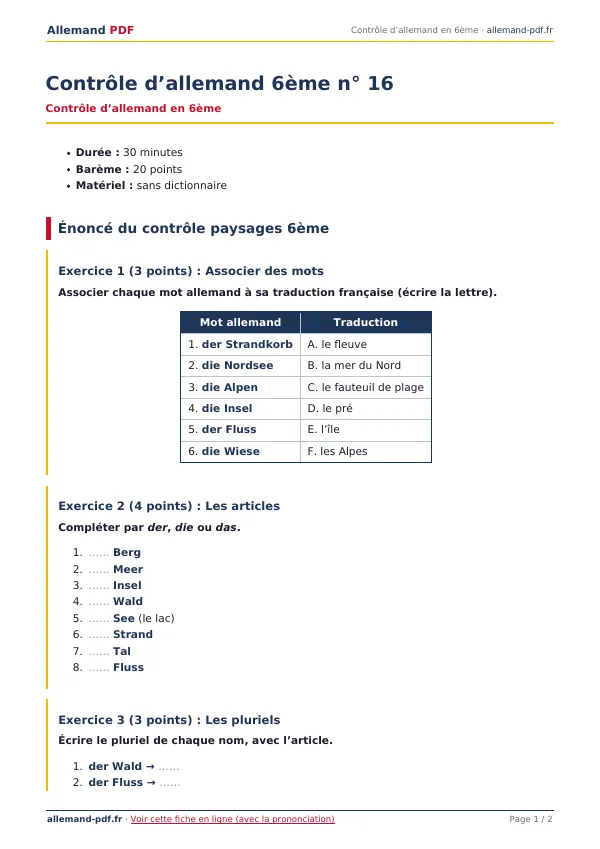Contrôle « Contrôle d’allemand 6ème n° 16 » en PDF