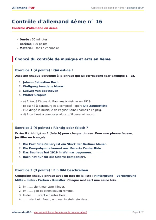 Contrôle « Contrôle d’allemand 4ème n° 16 » en PDF