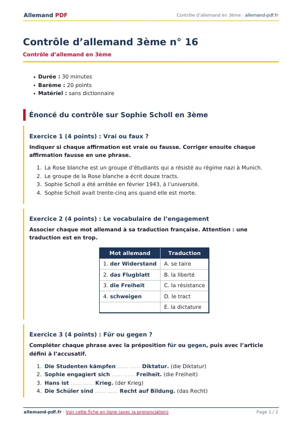 Contrôle « Contrôle d’allemand 3ème n° 16 » en PDF
