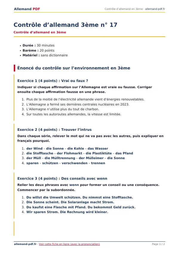 Contrôle « Contrôle d’allemand 3ème n° 17 » en PDF