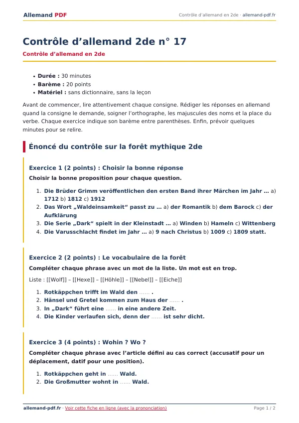 Contrôle « Contrôle d’allemand 2de n° 17 » en PDF