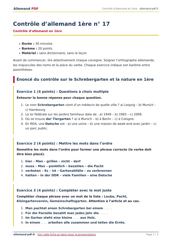 Contrôle « Contrôle d’allemand 1ère n° 17 » en PDF