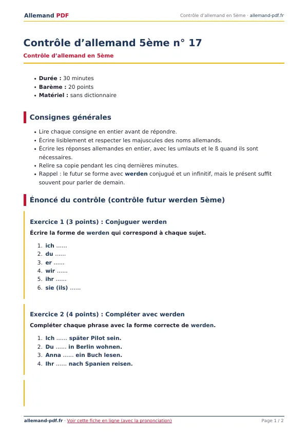 Contrôle « Contrôle d’allemand 5ème n° 17 » en PDF
