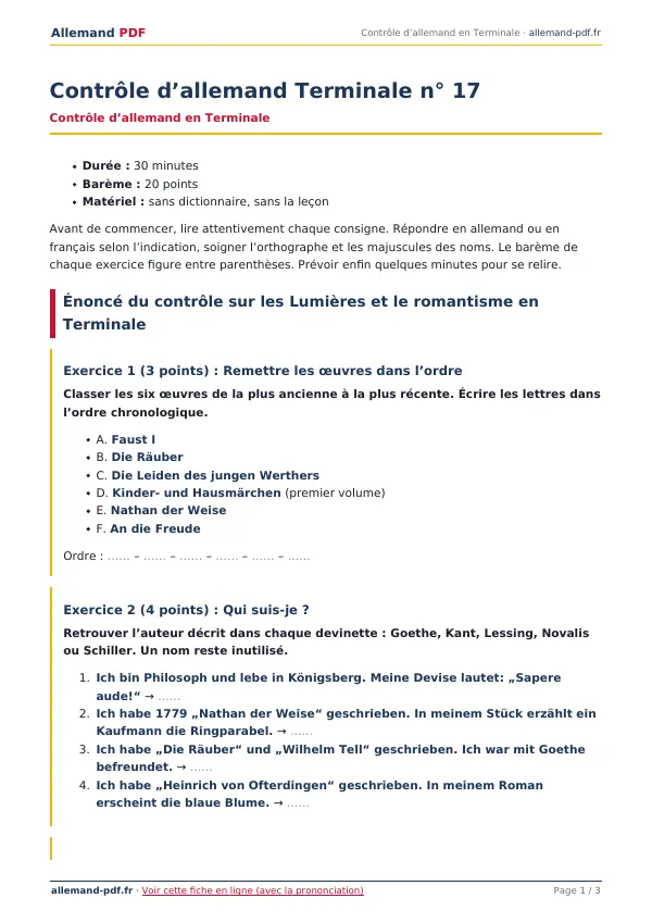 Contrôle « Contrôle d’allemand Terminale n° 17 » en PDF