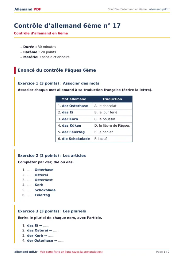 Contrôle « Contrôle d’allemand 6ème n° 17 » en PDF