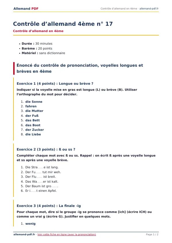 Contrôle « Contrôle d’allemand 4ème n° 17 » en PDF