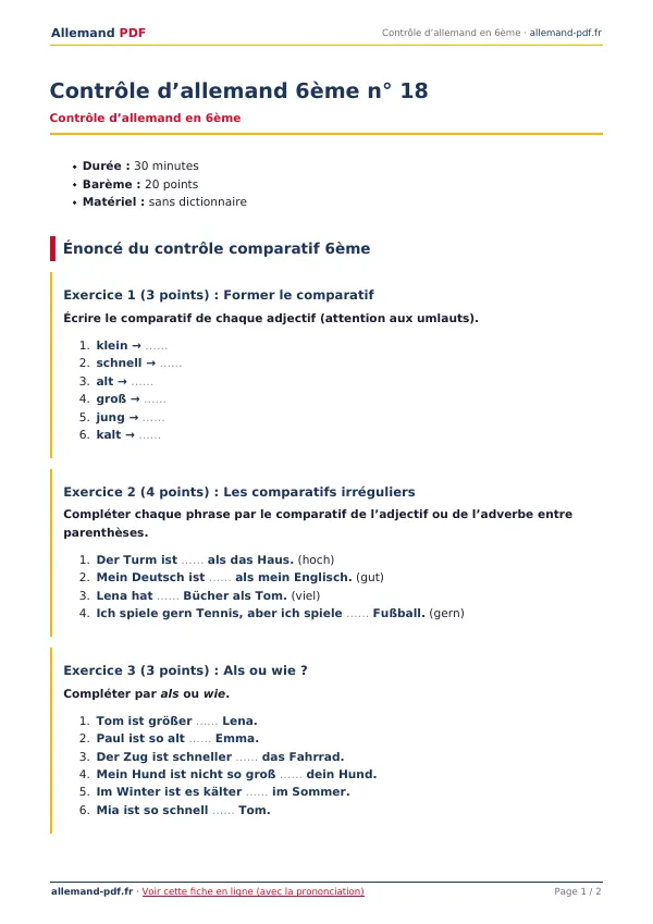 Contrôle « Contrôle d’allemand 6ème n° 18 » en PDF