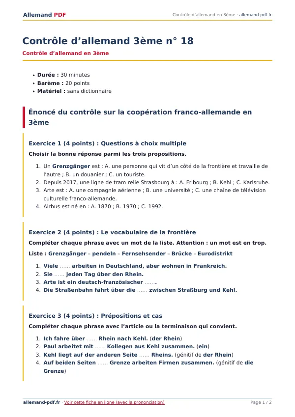 Contrôle « Contrôle d’allemand 3ème n° 18 » en PDF