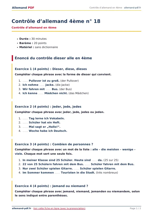 Contrôle « Contrôle d’allemand 4ème n° 18 » en PDF