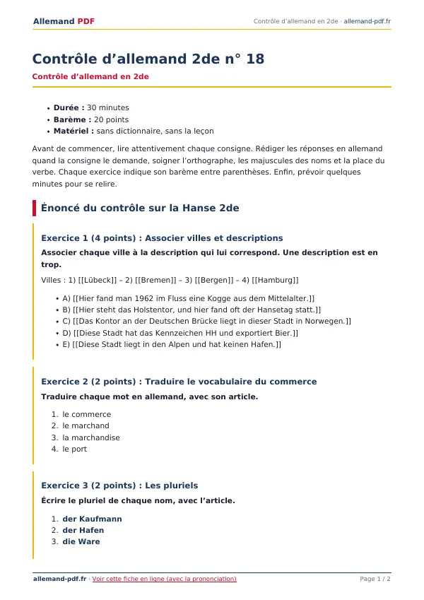 Contrôle « Contrôle d’allemand 2de n° 18 » en PDF