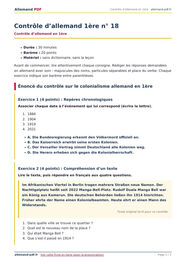 Contrôle « Contrôle d’allemand 1ère n° 18 » en PDF