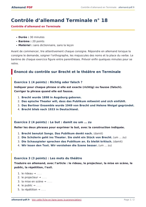 Contrôle « Contrôle d’allemand Terminale n° 18 » en PDF