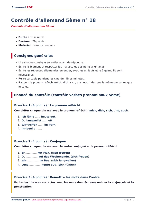 Contrôle « Contrôle d’allemand 5ème n° 18 » en PDF