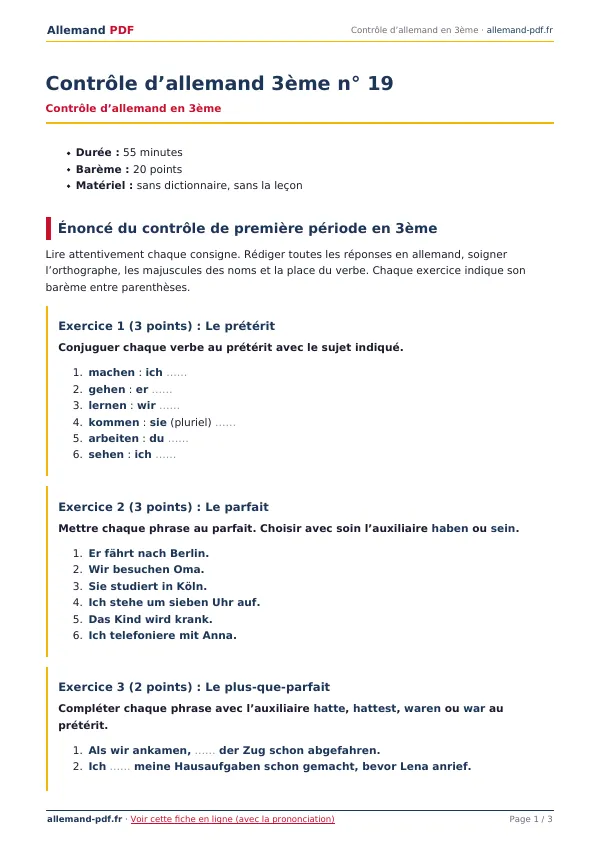 Contrôle « Contrôle d’allemand 3ème n° 19 » en PDF