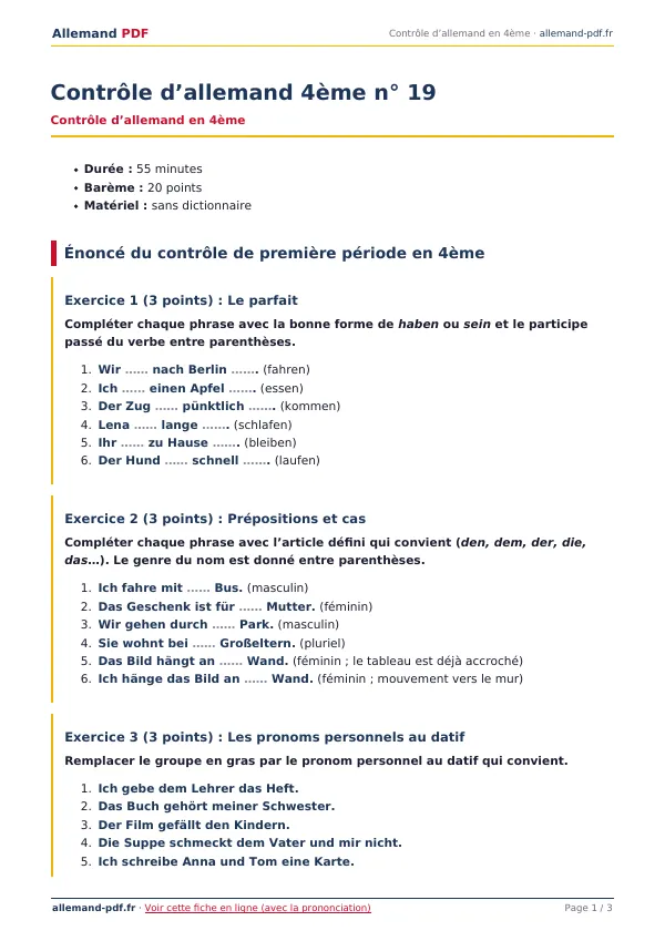 Contrôle « Contrôle d’allemand 4ème n° 19 » en PDF