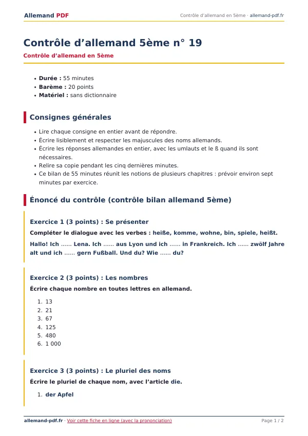 Contrôle « Contrôle d’allemand 5ème n° 19 » en PDF