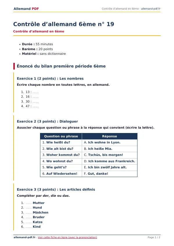 Contrôle « Contrôle d’allemand 6ème n° 19 » en PDF