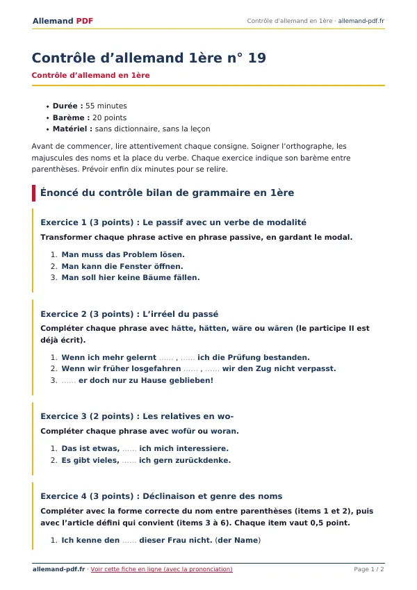 Contrôle « Contrôle d’allemand 1ère n° 19 » en PDF