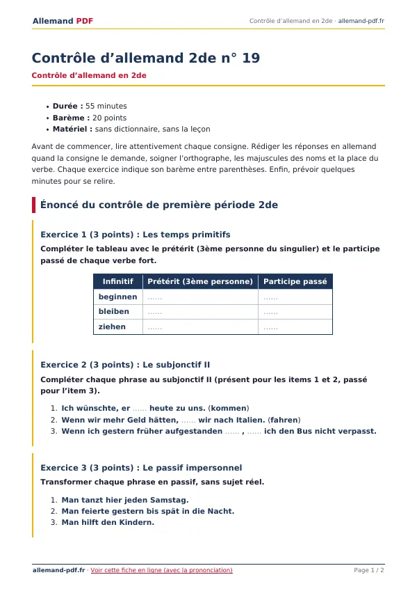 Contrôle « Contrôle d’allemand 2de n° 19 » en PDF