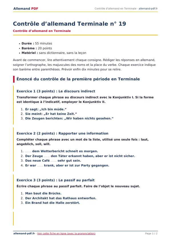 Contrôle « Contrôle d’allemand Terminale n° 19 » en PDF