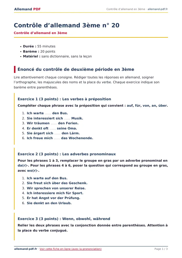 Contrôle « Contrôle d’allemand 3ème n° 20 » en PDF