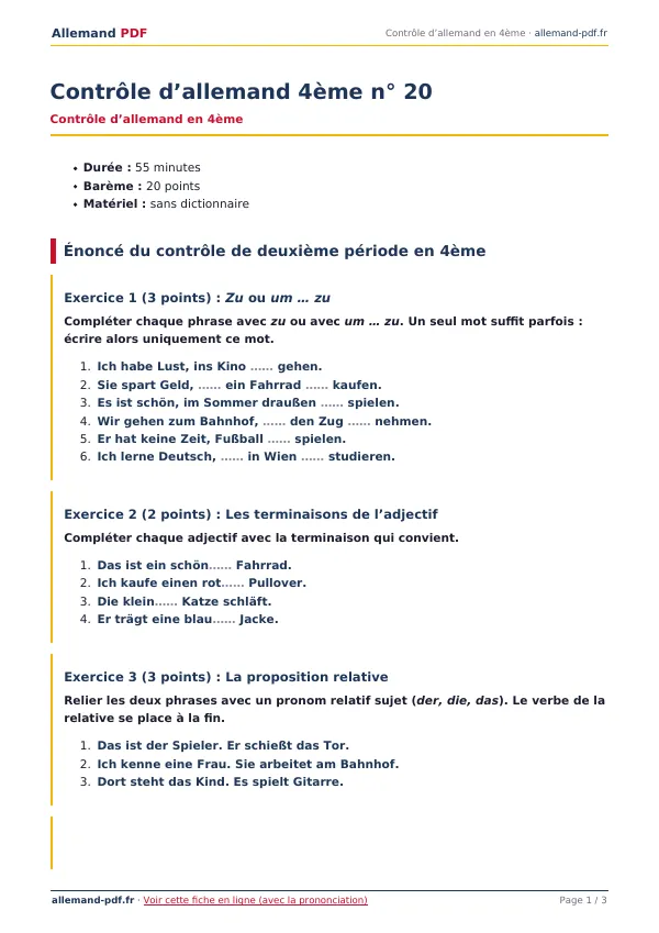 Contrôle « Contrôle d’allemand 4ème n° 20 » en PDF