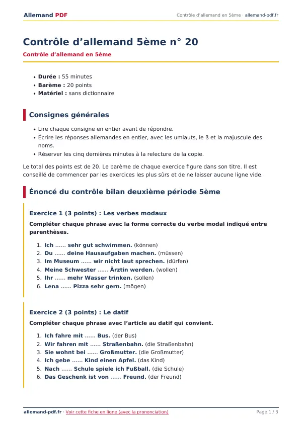 Contrôle « Contrôle d’allemand 5ème n° 20 » en PDF