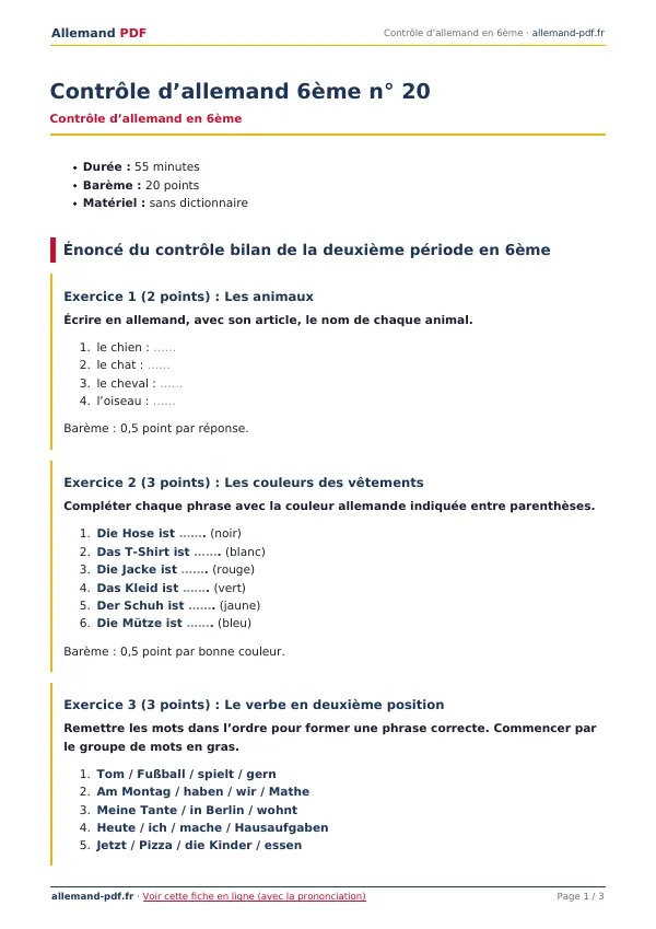 Contrôle « Contrôle d’allemand 6ème n° 20 » en PDF