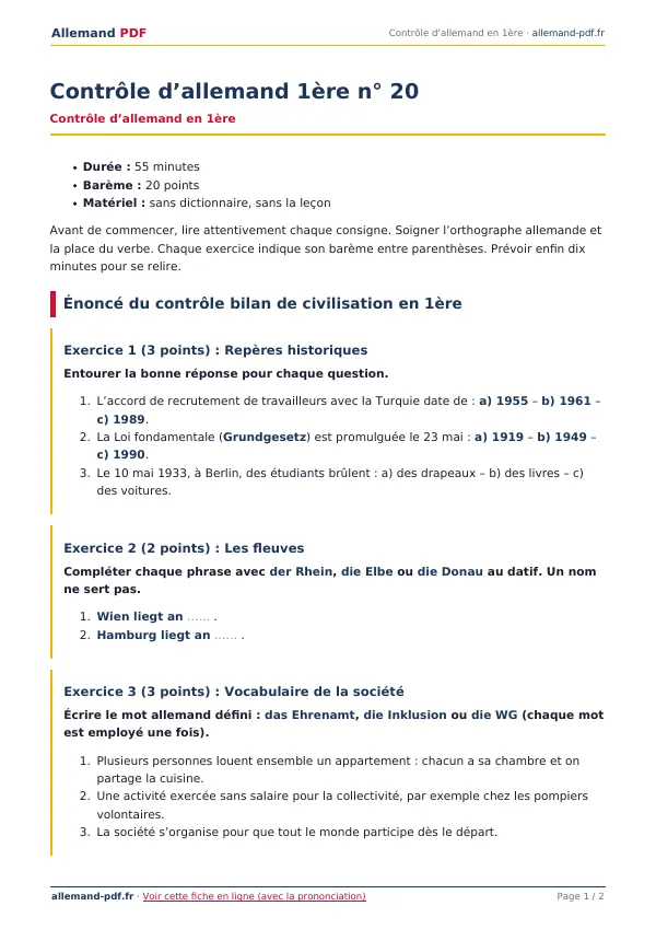 Contrôle « Contrôle d’allemand 1ère n° 20 » en PDF