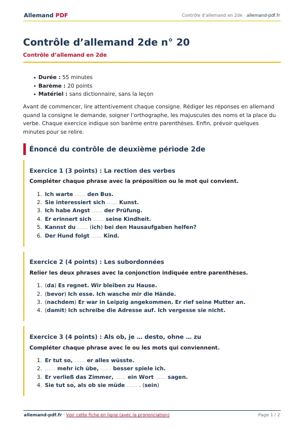 Contrôle « Contrôle d’allemand 2de n° 20 » en PDF