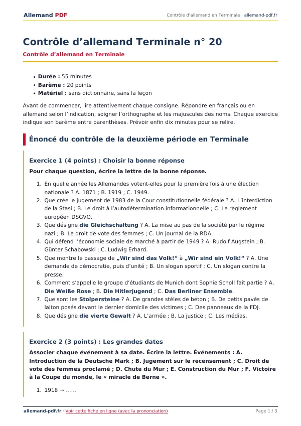 Contrôle « Contrôle d’allemand Terminale n° 20 » en PDF