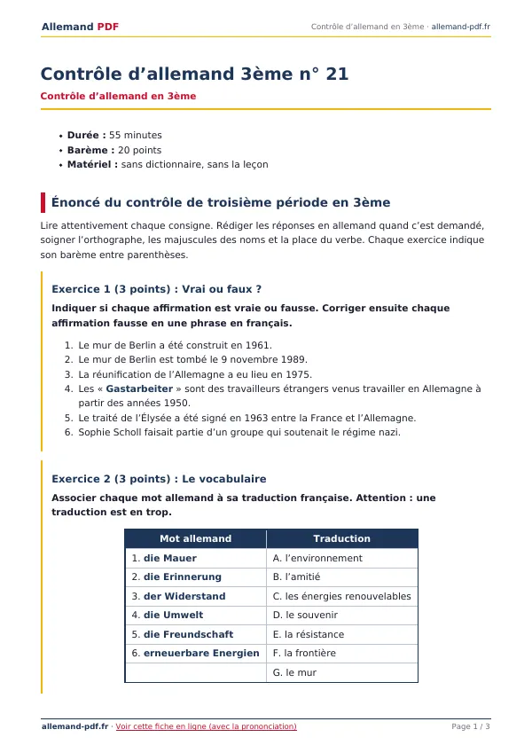 Contrôle « Contrôle d’allemand 3ème n° 21 » en PDF