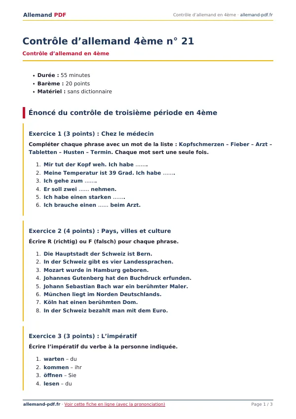 Contrôle « Contrôle d’allemand 4ème n° 21 » en PDF