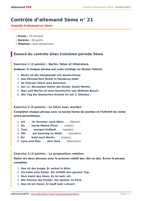 Contrôle « Contrôle d’allemand 5ème n° 21 » en PDF