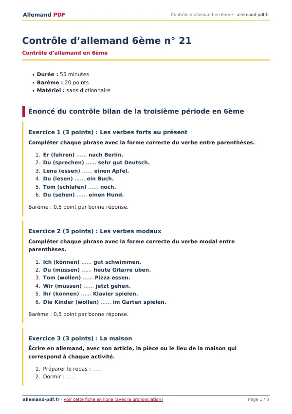 Contrôle « Contrôle d’allemand 6ème n° 21 » en PDF
