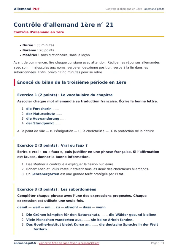 Contrôle « Contrôle d’allemand 1ère n° 21 » en PDF