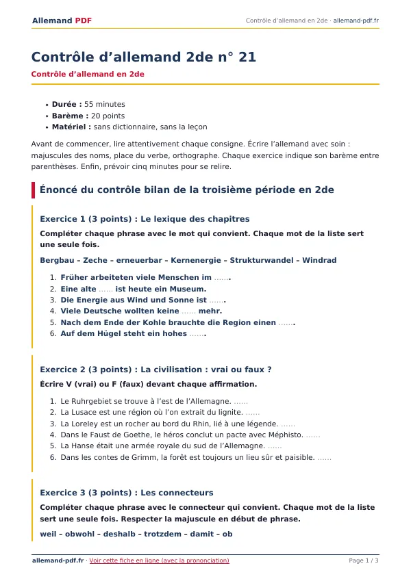 Contrôle « Contrôle d’allemand 2de n° 21 » en PDF