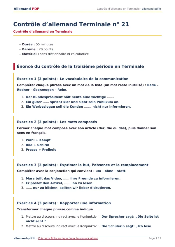 Contrôle « Contrôle d’allemand Terminale n° 21 » en PDF