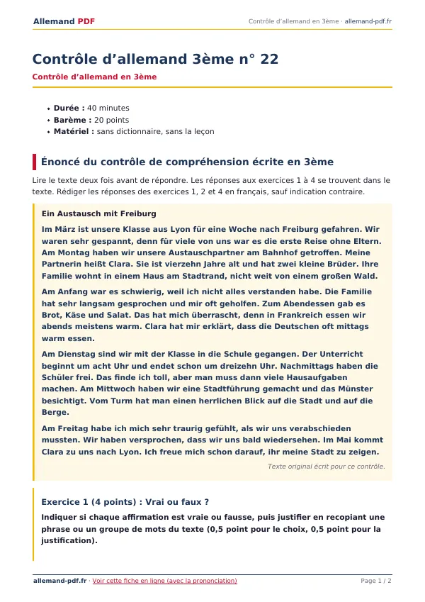 Contrôle « Contrôle d’allemand 3ème n° 22 » en PDF