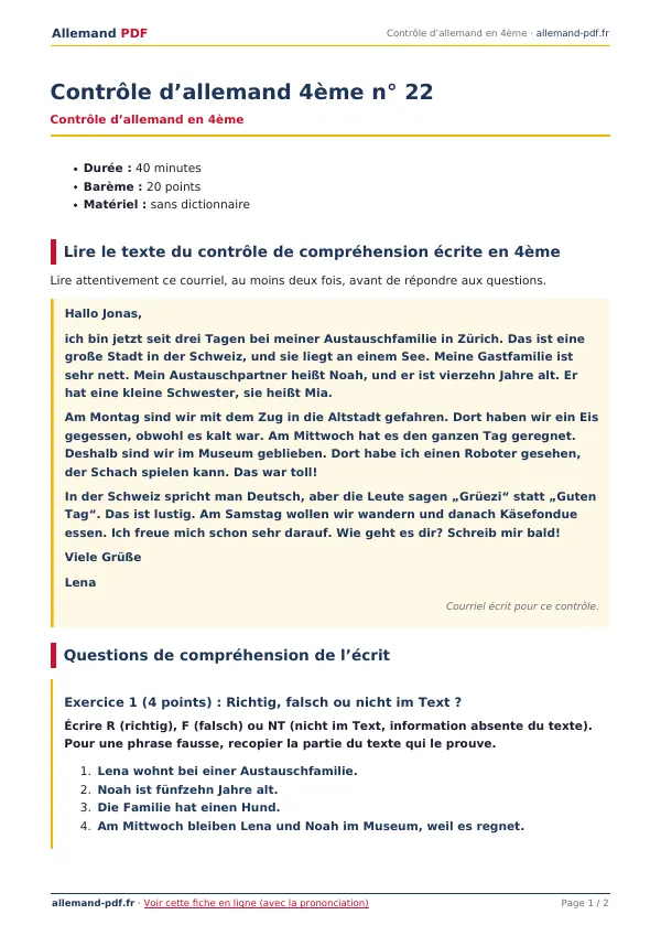 Contrôle « Contrôle d’allemand 4ème n° 22 » en PDF
