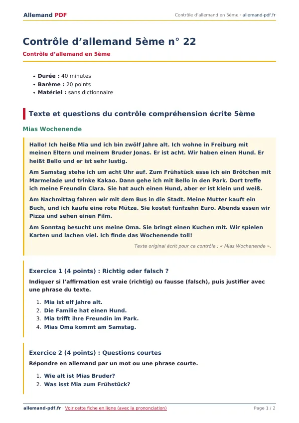 Contrôle « Contrôle d’allemand 5ème n° 22 » en PDF