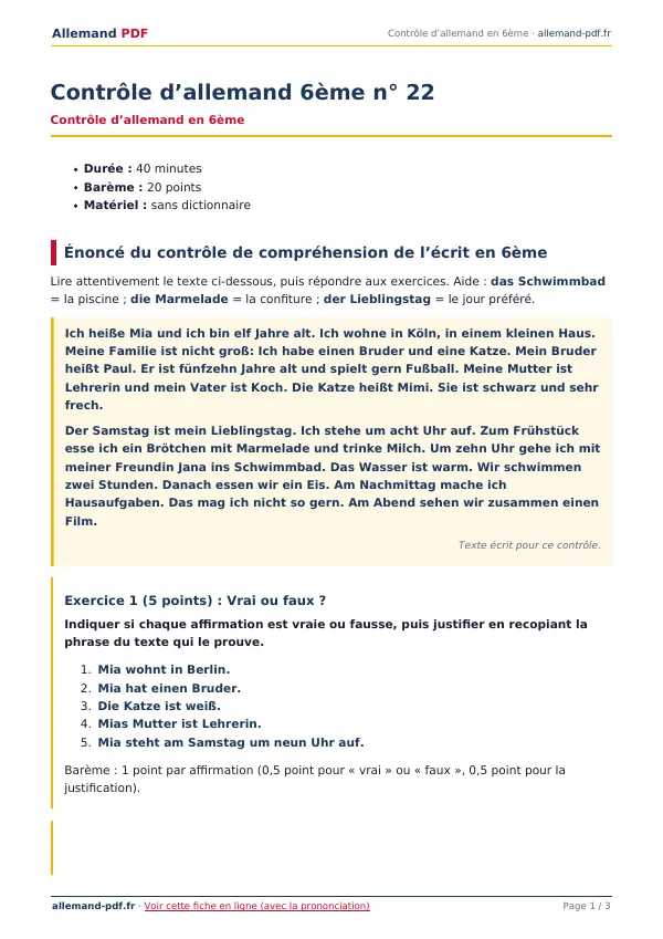 Contrôle « Contrôle d’allemand 6ème n° 22 » en PDF