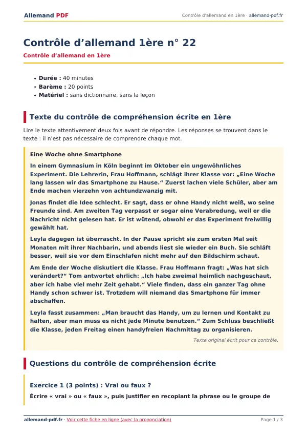 Contrôle « Contrôle d’allemand 1ère n° 22 » en PDF