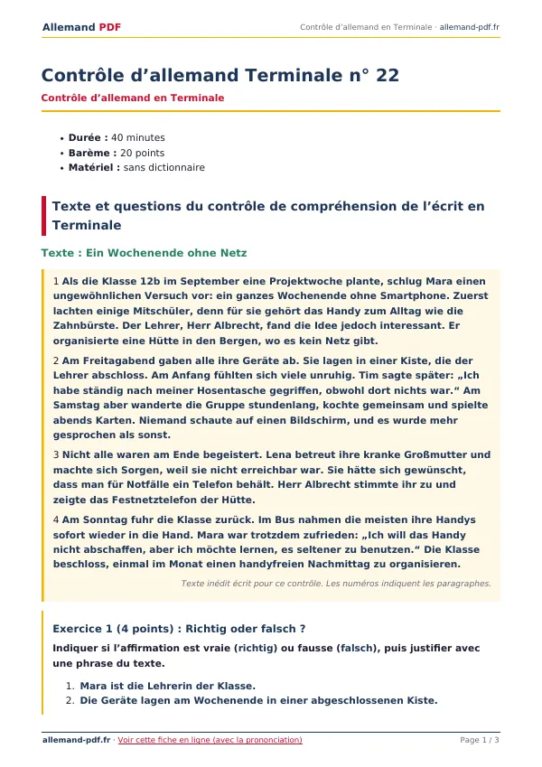 Contrôle « Contrôle d’allemand Terminale n° 22 » en PDF