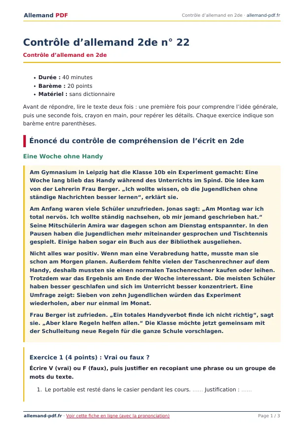Contrôle « Contrôle d’allemand 2de n° 22 » en PDF
